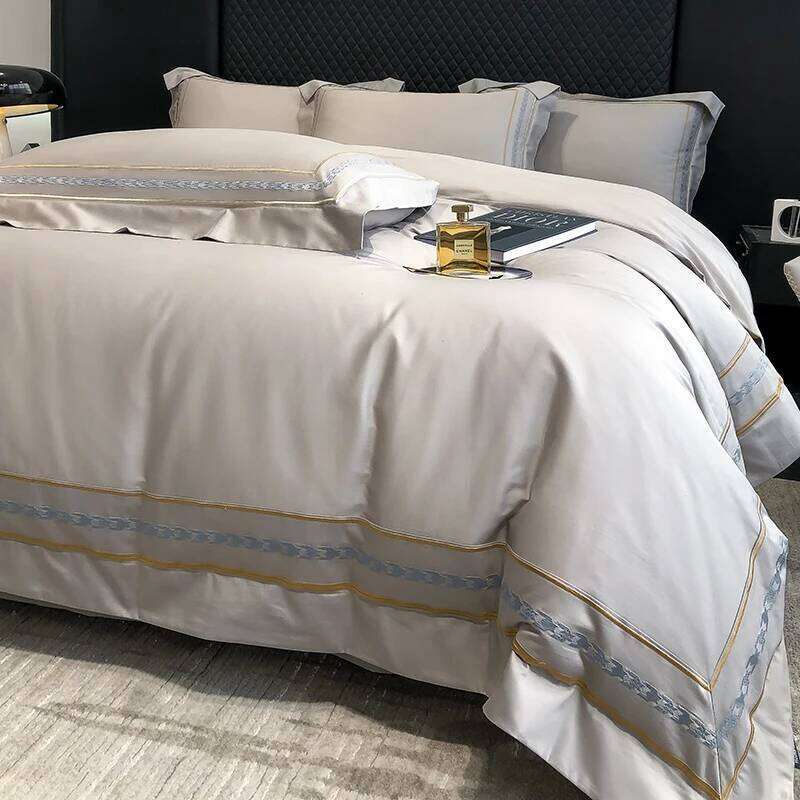 Grey Egyptian Cotton Bedding Set Luxury Golden Stripe Embroidery Duvet Cover Sets Fitted Bed Sheet Pillowcases Home Textile Y260124
