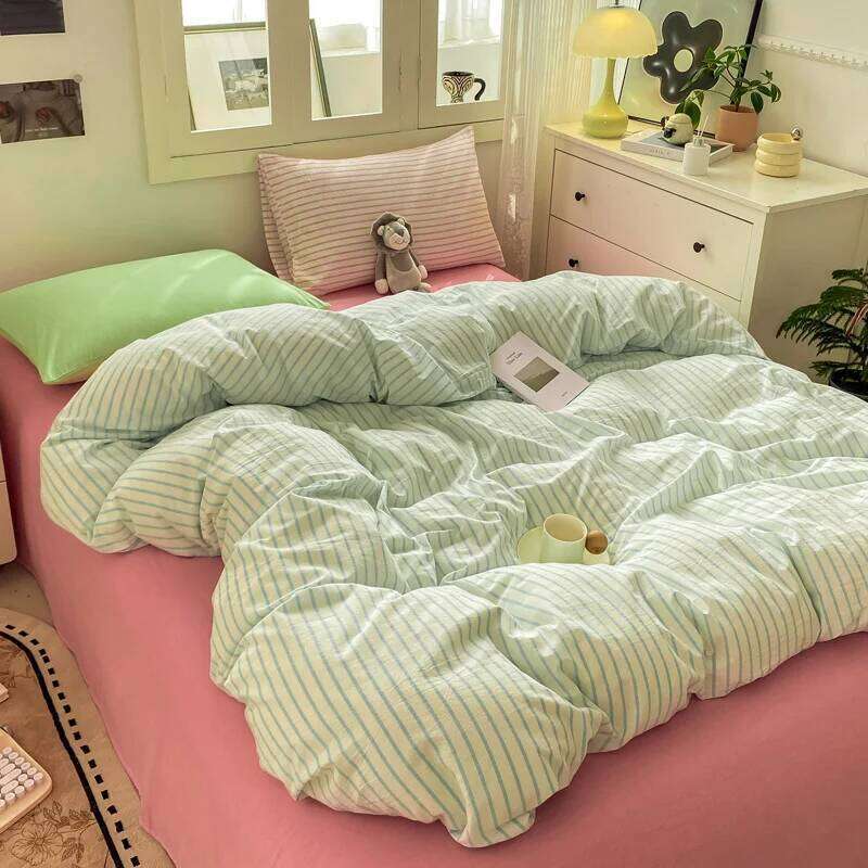 Striped Bedding Ins Korean Duvet Cover Flat Sheets With 2 Pillowcases Single Twin Full Queen Size Bed Linen Set Y260124
