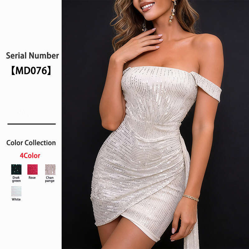 2026 designer hot selling off shoulder sequins elegant and sexy solid color evening dress spicy girl tight short skirt