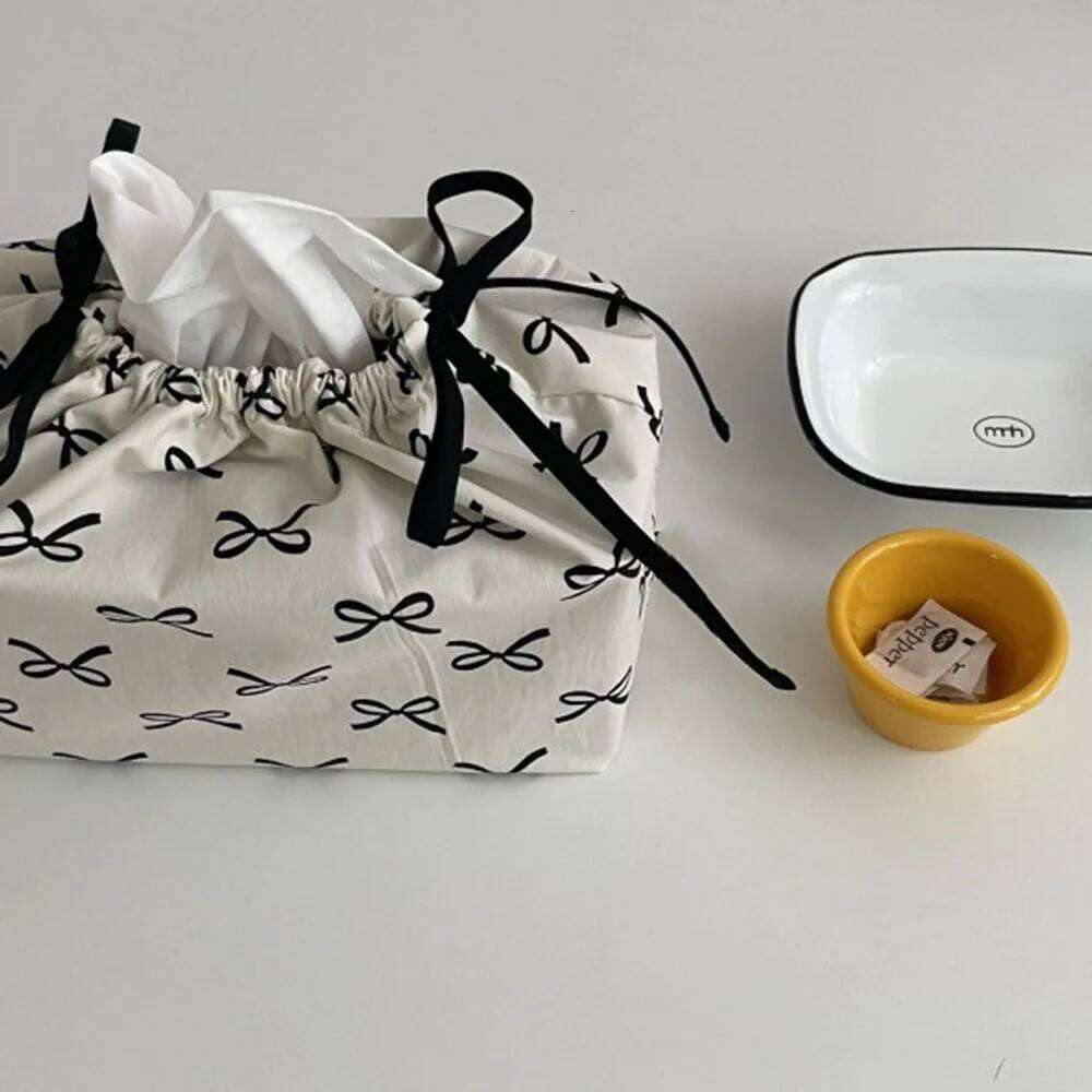 Bow Storage Bag Ribbon Drawstring Adjustable Dustproof Tissue Box Livingroom Car Napkin Paper Case Home Organizer