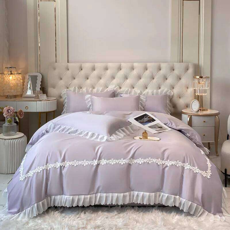 2025 new washed silk lace princess style bed sheet quilt solid color household four-piece set Y260124