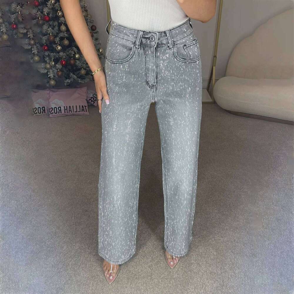 High Waist Rhinestone Jeans Women Straight Denim Pants Diamonds Vintage Ankle Length Loose Pockets Zipper Trousers C260126 - view 3