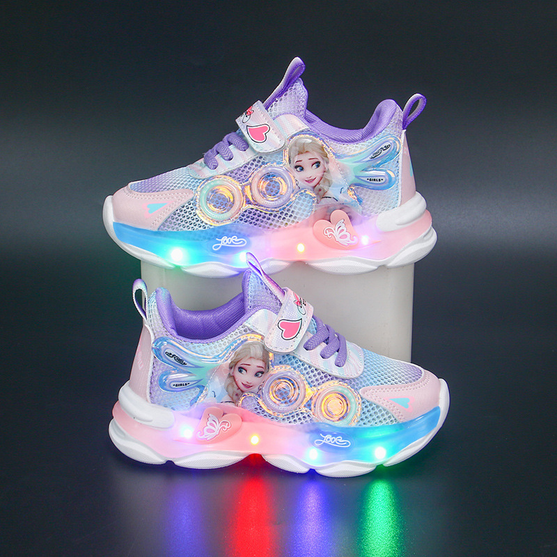 Girls' Casual Shoes Led Lights Mesh Breathable Children's Sports Princess Elsa Pink Purple Shoes Sneakers Size 22-35