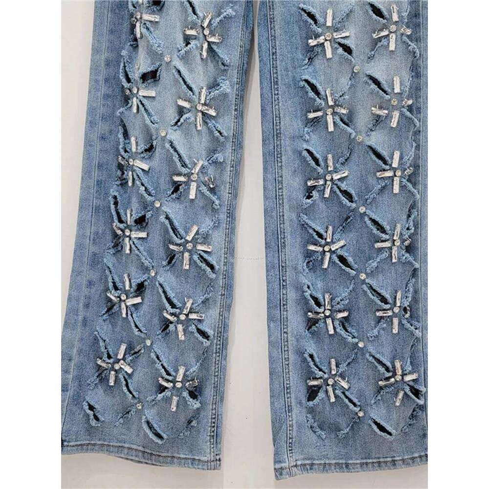 DEAT Women's Denim Pants Broken Holes Diamonds Tassel Design Female Blue Straight Long Jeans 2025 Summer New Fashion 29L8046 C260126 - view 7