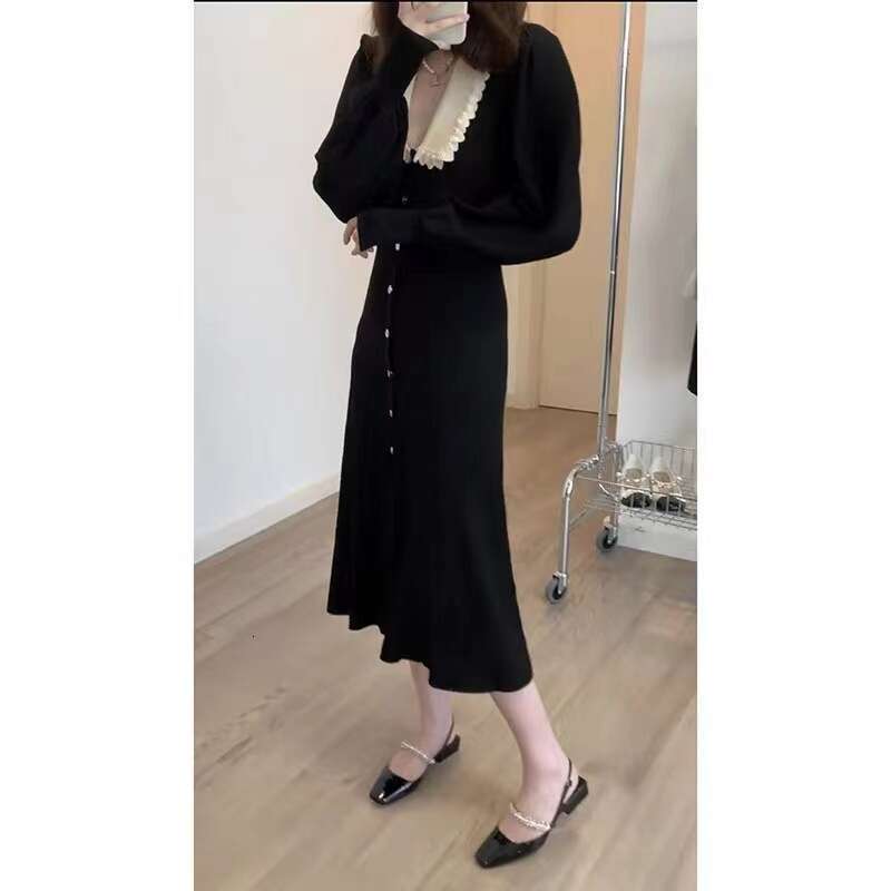 2026 Autumn/Winter New Designer Puff Lace Collar Knitted Long Sleeve Black Dress