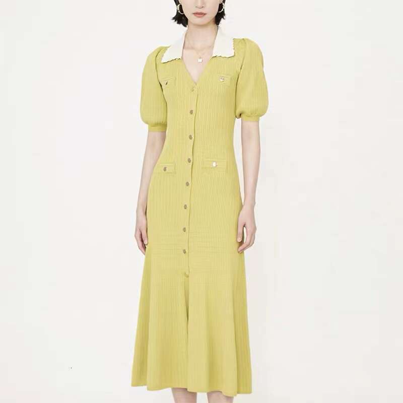 2026 Spring/Summer New Color blocked V-neck Fluffy Single breasted Short Sleeve Solid Color Knitted Dress for Women