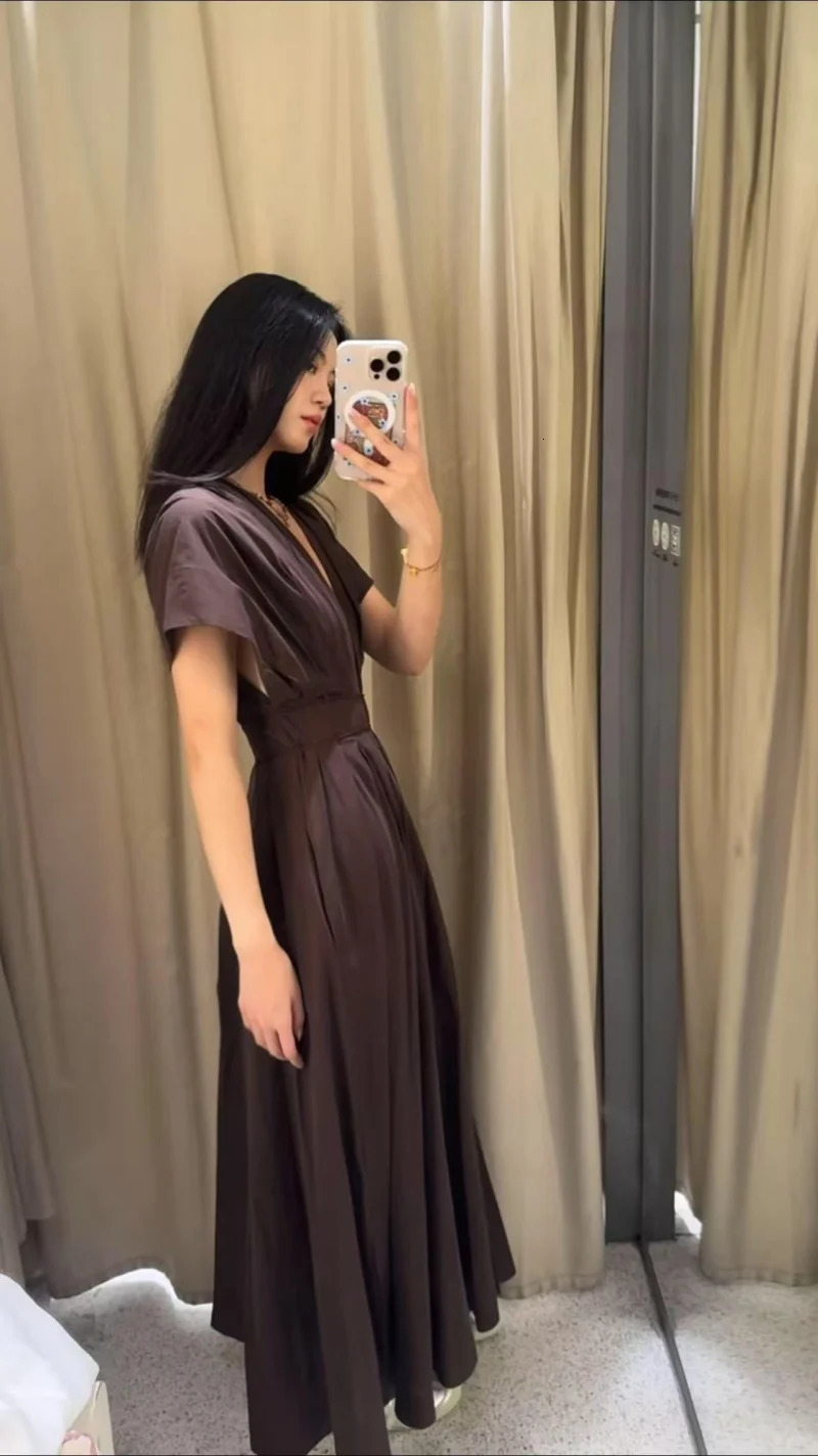 ETJ Summer 2025 womens elegant party dress Vintage Vneck fashion pleated laceup MIDI poplin 260120