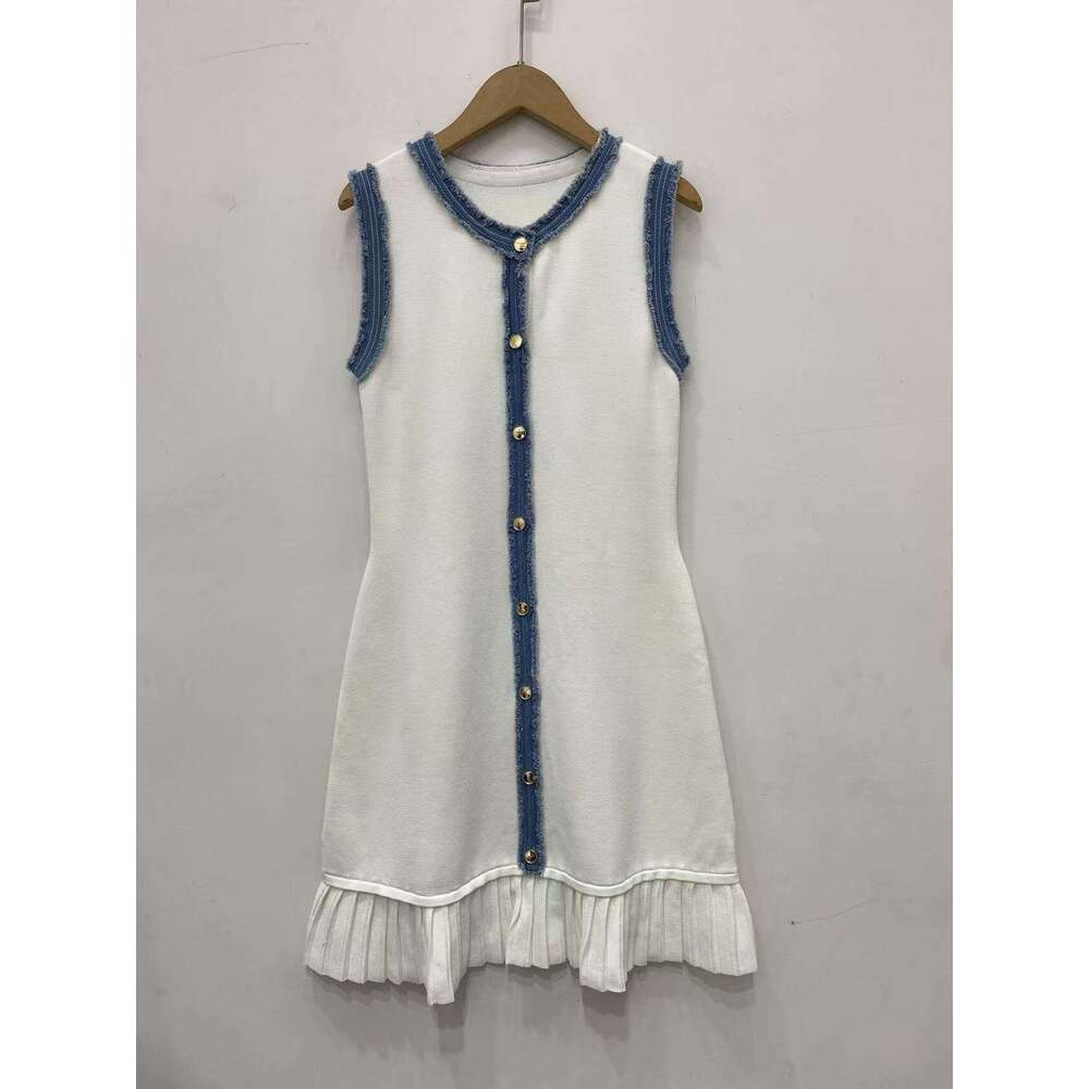 2026 Spring/Summer New Elegant Style Color Block Cowboy Splicing Ruffle Round Neck Knitted Women's Dress