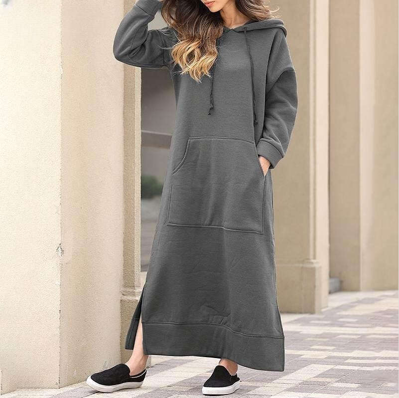 Autumn and winter new loose plus size knitted hooded long wool sweatshirt, casual and fashionable dress with large pockets