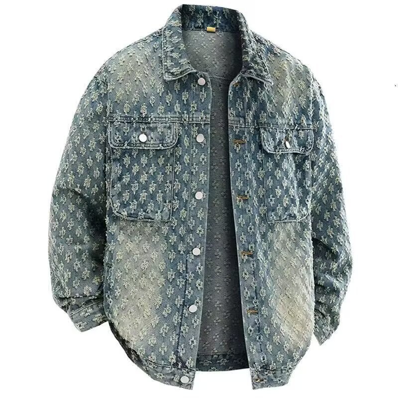 Luxury Brand Designer Clothes Korean Retro Washed Vintage Jacquard Denim Jacket For Men With Floral Design, Loose Casual Versatile Cool Top