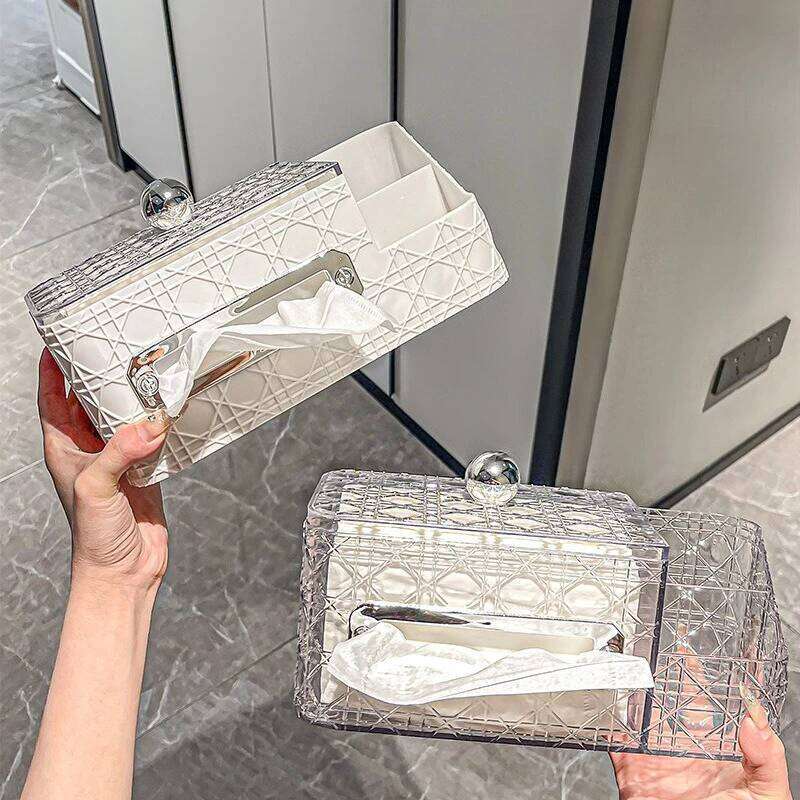 Luxury Rattan Pattern Tissue Box Premium Desktop Paper Dispenser Remote Control Organizer Compartmentalized Home Decor