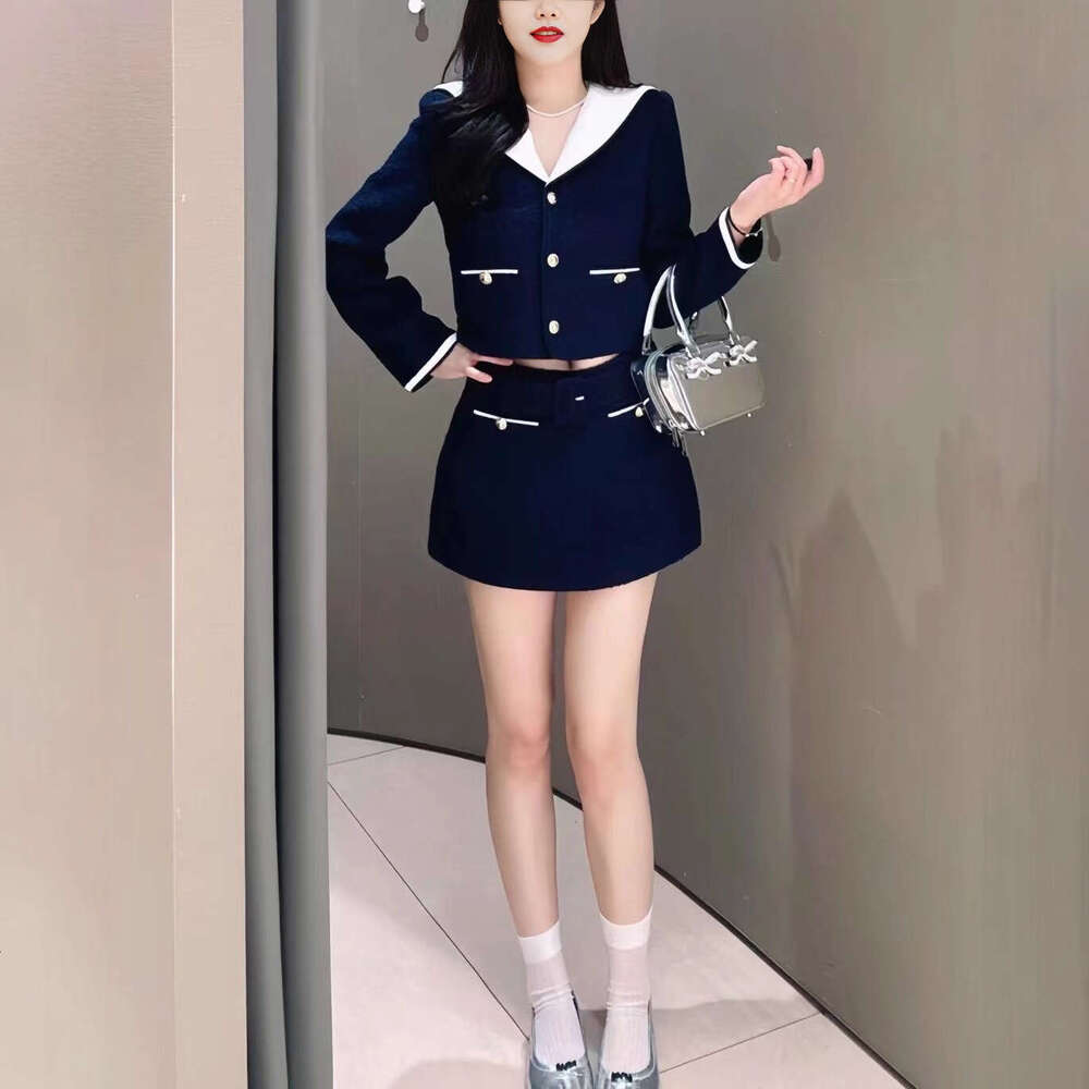 2026 niche autumn and winter new social style fashionable tweed deep blue jacket high waisted skirt long pants set