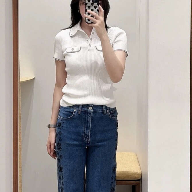 2026 Summer New French Elegant Casual Collar Color blocked Slim Knitted Short Sleeve Top for Women