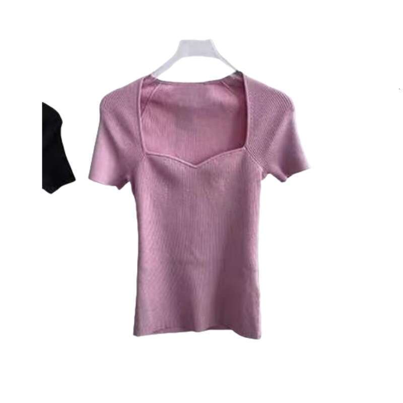 2026 early spring French elegant designer U-neck short sleeved slim knit T-shirt basic shirt for women