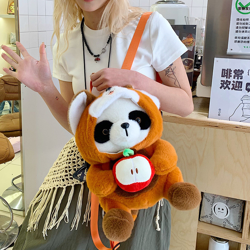 Cute Little Panda Backpack Large Capacity Plush Cartoon Raccoon Girl Birthday Gift Double Shoulder Bag