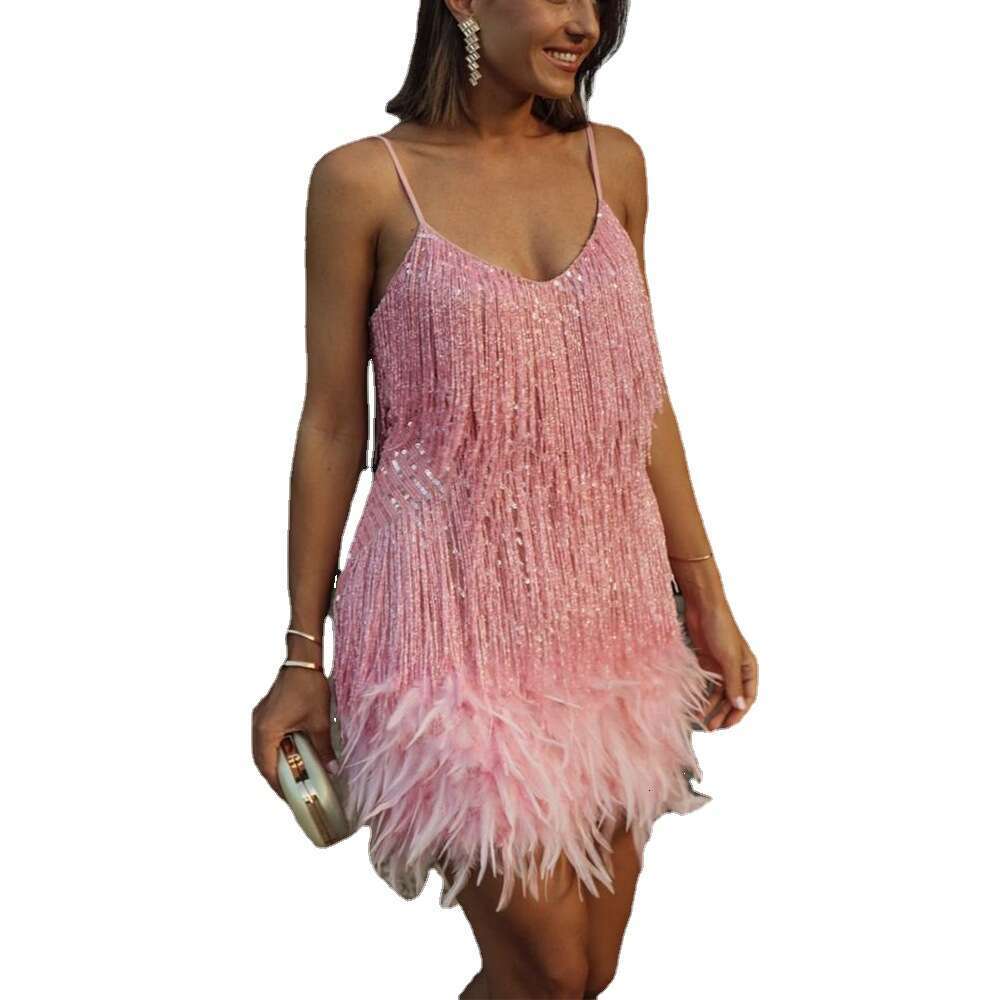 2026 women's fashionable European and American style tassel feather sequin evening dress sexy V-neck lace up summer dress