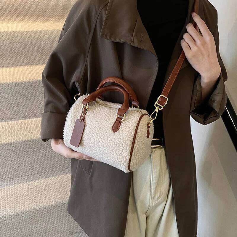 Beige Faux Fur 2024 Winter Women Warm Fluffy Lamb Woolen Shoulder Bag Lady Versatile Small Crossbody Handbag Coffee XJ260125