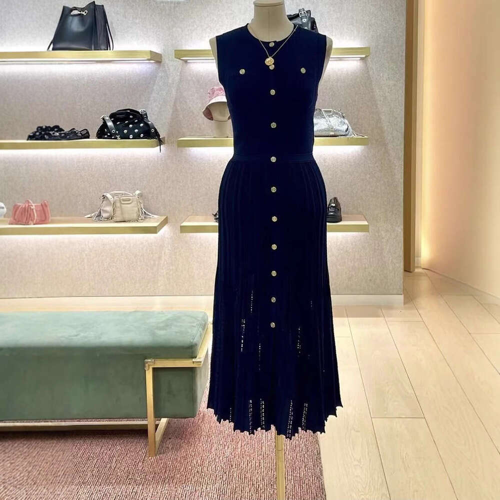 2026 Spring New Designer Deep Blue Hollow Sleeveless Slimming Women's Knitted Long Dress