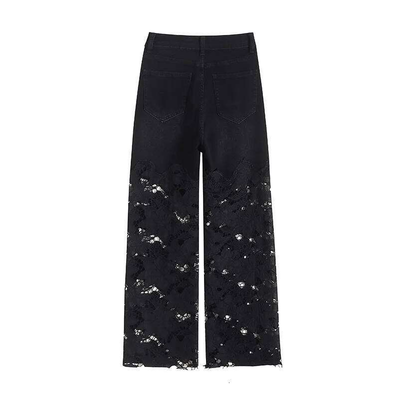 2025 Women's Denim Baggy Jeans flared Black Pants Diamonds Patchwork Lace Hollow Out Embroidery Straight New Summer Fashion C260126 - view 4