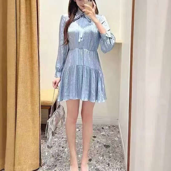 French elegance 2026 autumn new designer blue all rhinestone bow shirt collar dress