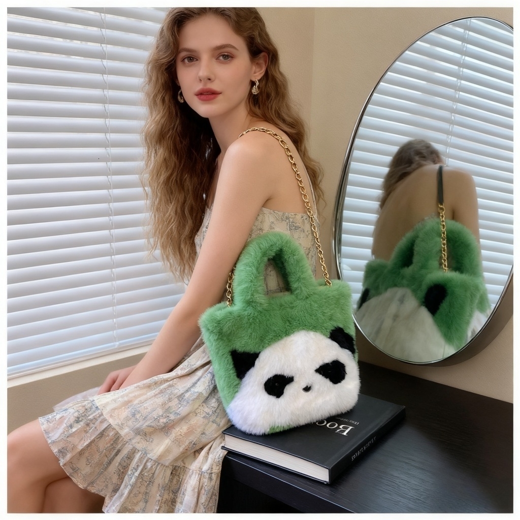 Panda Plush New Fluffy Bucket Cute Soft Face Large Capacity Handbag Shoulder Underarm Bag Crossbody