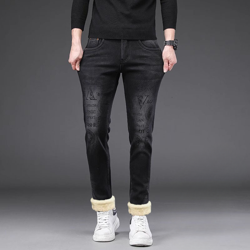 Luxury Brand Designer Clothes 2025 Winter New Printed High-End Jeans Men's Trendy Slim Fit Straight-Leg European Style Black Denim Cropped Pants