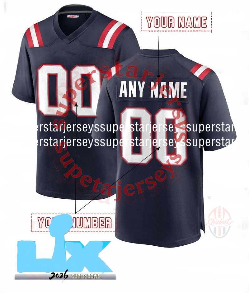 2026 Super Bowl New Hot Sale Custom Football Jersey Drake Maye Kayshon Boutte Stefon Diggs Christian Gonzalez 12 Brady Mike Vrabel New Arrivals