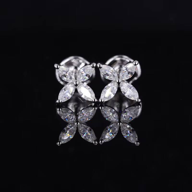 18k White Solid Gold Marquise 2x4mm Brilliant Cut Moissanite Diamond Studs Earring Flower Shape Earrings