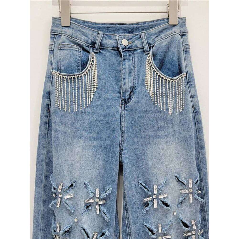 DEAT Women's Denim Pants Broken Holes Diamonds Tassel Design Female Blue Straight Long Jeans 2025 Summer New Fashion 29L8046 C260126 - view 4