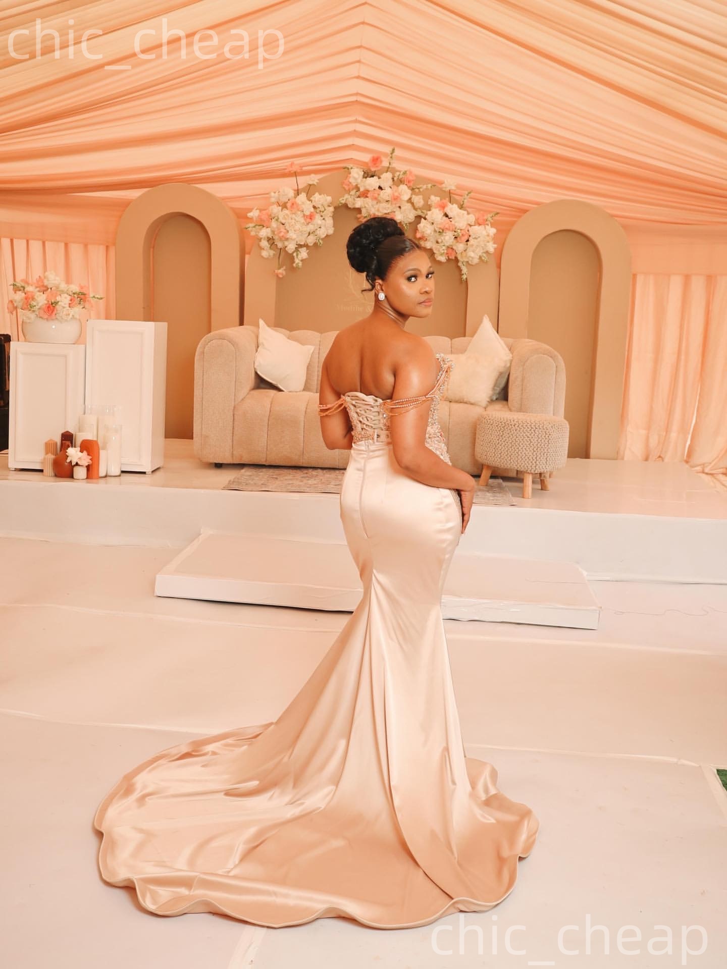 Aso Ebi Champagne Mermaid Prom Dresses 2026 Sweetheart Crystals Pearls Satin Evening Formal Party Second Birthday Engagement Gowns Dress For Special O