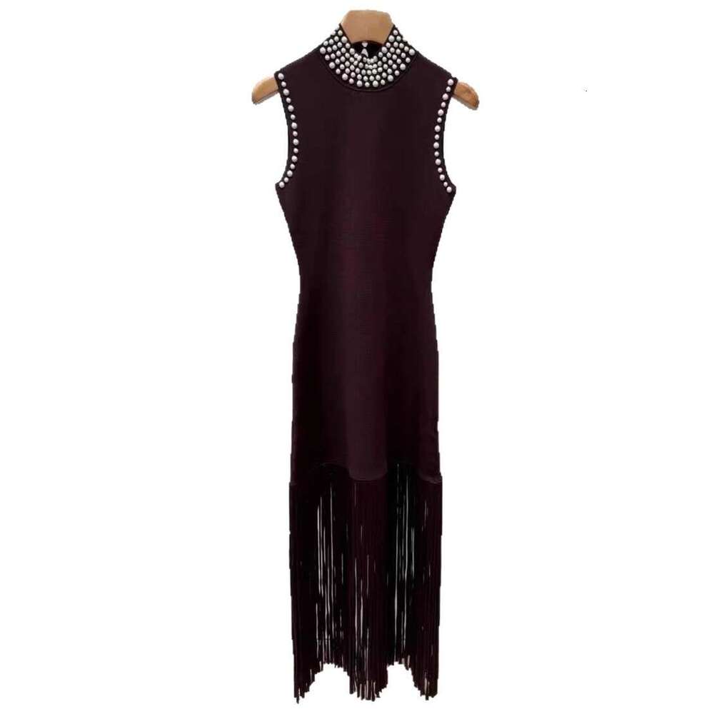 2026 autumn new designer high neck pearl rivet slim fit sleeveless tassel knit women's dress