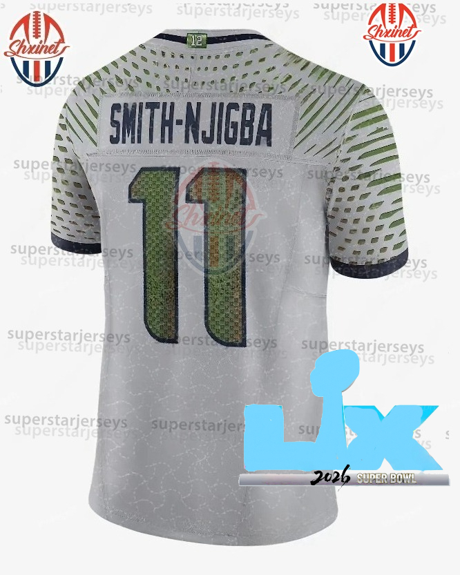 11 Jaxon Smith-Njigba 2026 Super Bowl Custom Blue/White Football Jeresy Cooper Kupp Fan Darnold Witherspoon Milroe DK Metcalf Walker III Smith Stitche