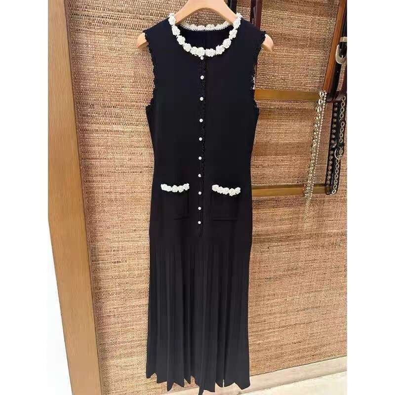 2025 Spring New Elegant Flower Pearl Decorative Color Block Edged Round Neck Women's Sleeveless Dress