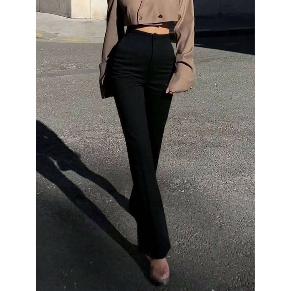 Ladies' solid color black casual elegant high waisted straight leg pants suitable for daily outings office commuting C260126 - view 3