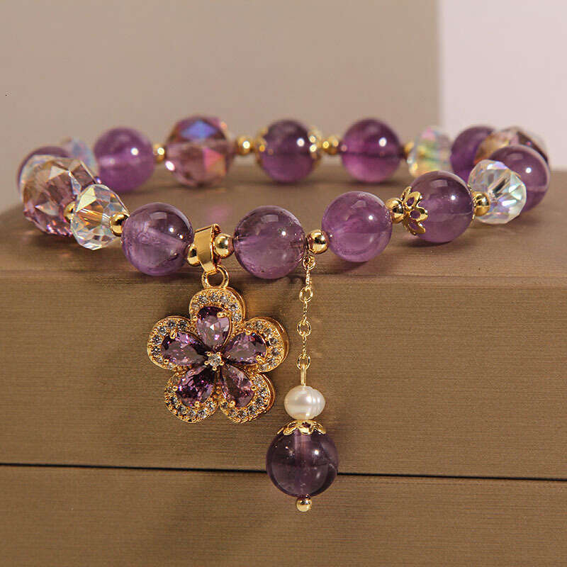 Elegant Natural Amethyst Bracelet Women, Light Luxury Vintage Five-Pointed Flower Pendant Bracelet Gift for Best Friends - view 5