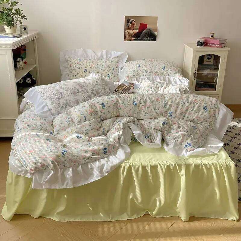 Korean princess-style lace bed four-piece set of washed cotton quilt cover sheet Y260124