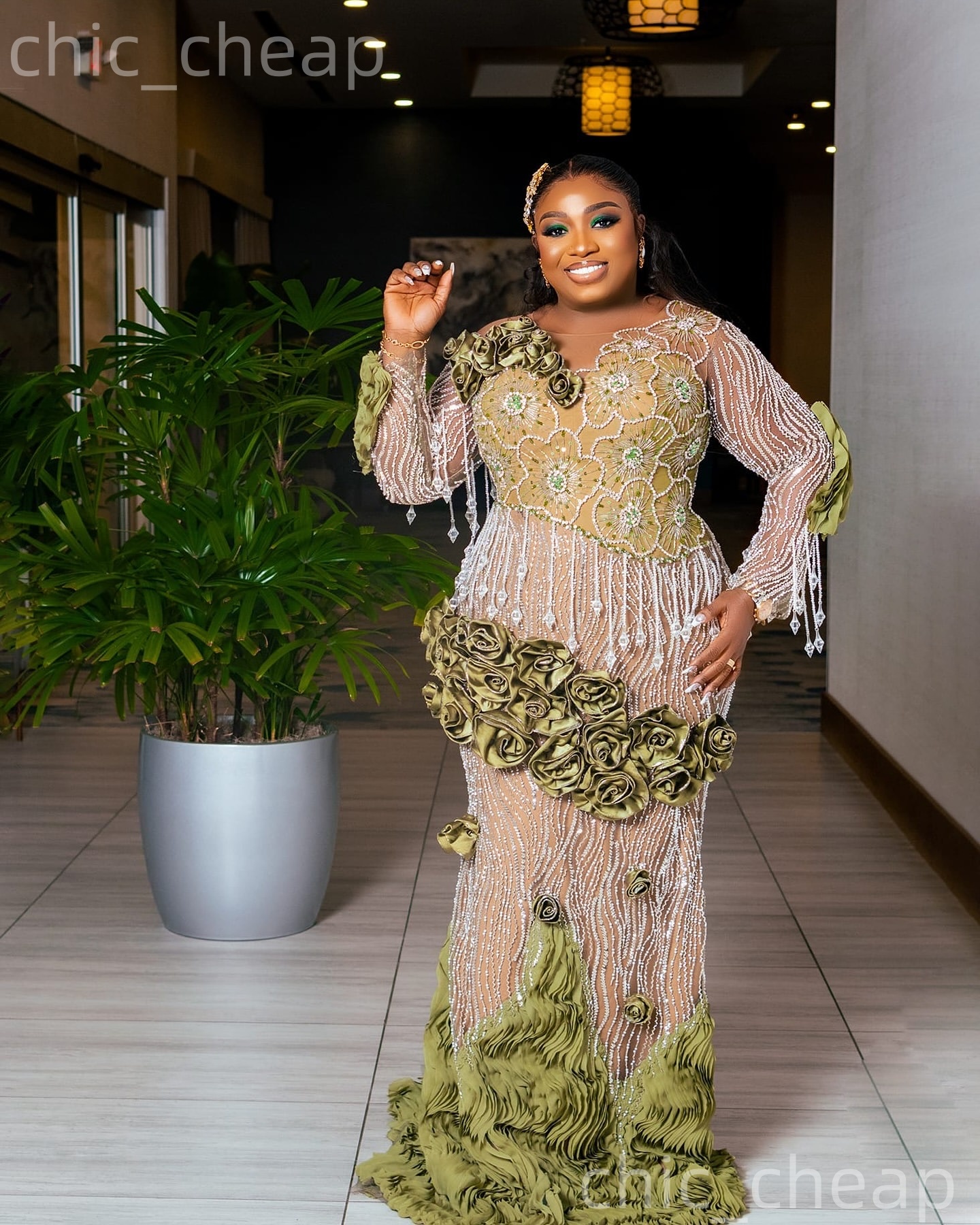 Aso Ebi Olive Green Mermaid Prom Dresses 2026 Flowers Beaded Sequined Illusion Evening Formal Party Second Birthday Engagement Gowns Dress For Special