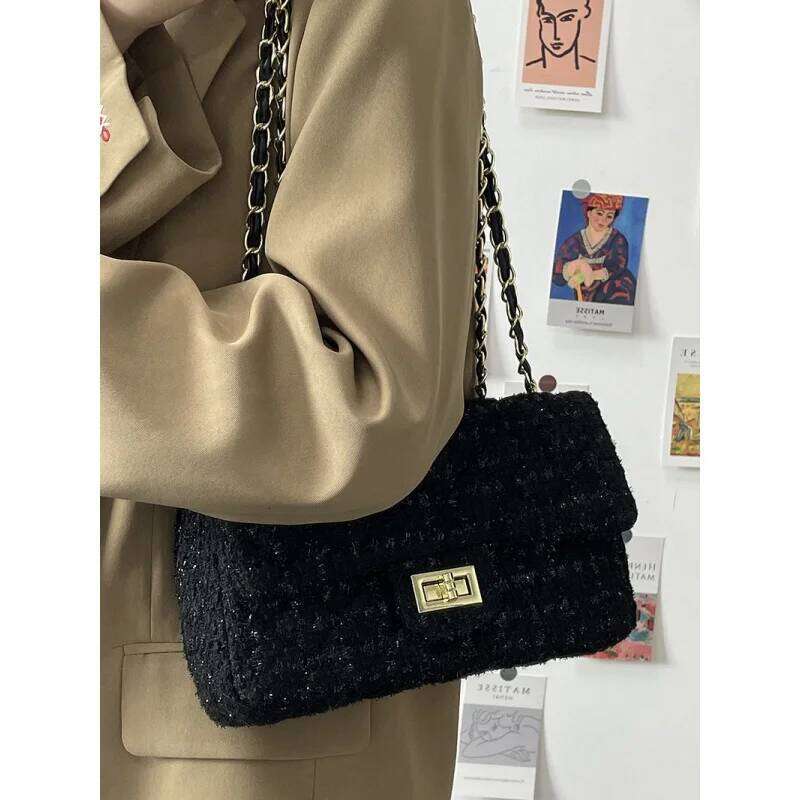 New autumn and winter fashion woolen diamond grid chain bag for women, single shoulder crossbody bag, fashionable handbag XJ260125