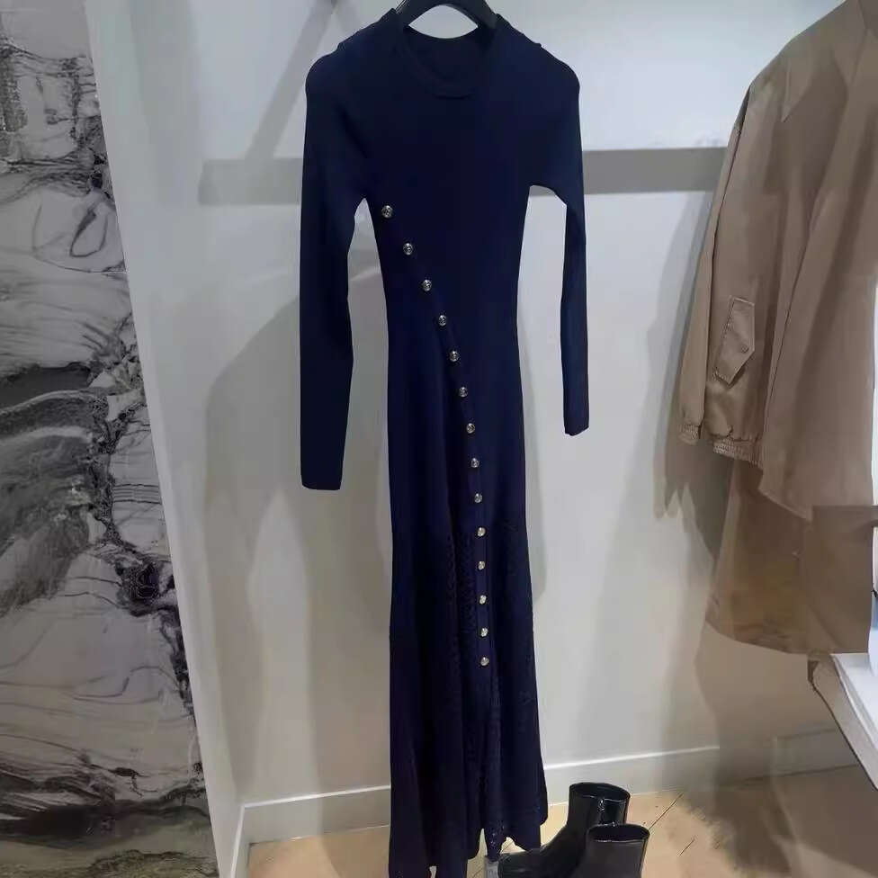 2025 Spring New Solid Color Split Button Decorative Long Sleeve Slimming Women's Knitted Dress