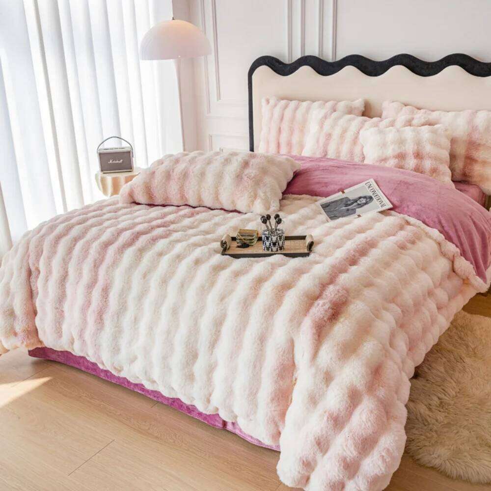 4pcs High End Rabbit Plush Four Piece Winter Thick Warm Bubble Velvet Cover Set Lace Bed Sheet Skirt Pillowcases Bedding Y260124