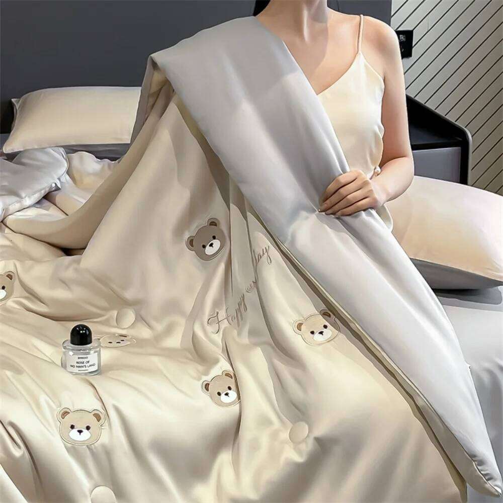 Cool Ice Silk Summer Four-Piece Sets Embroidery Thin Quilt Bed Sheet With Pillowcases Air Conditioner Bedding Set Y260124