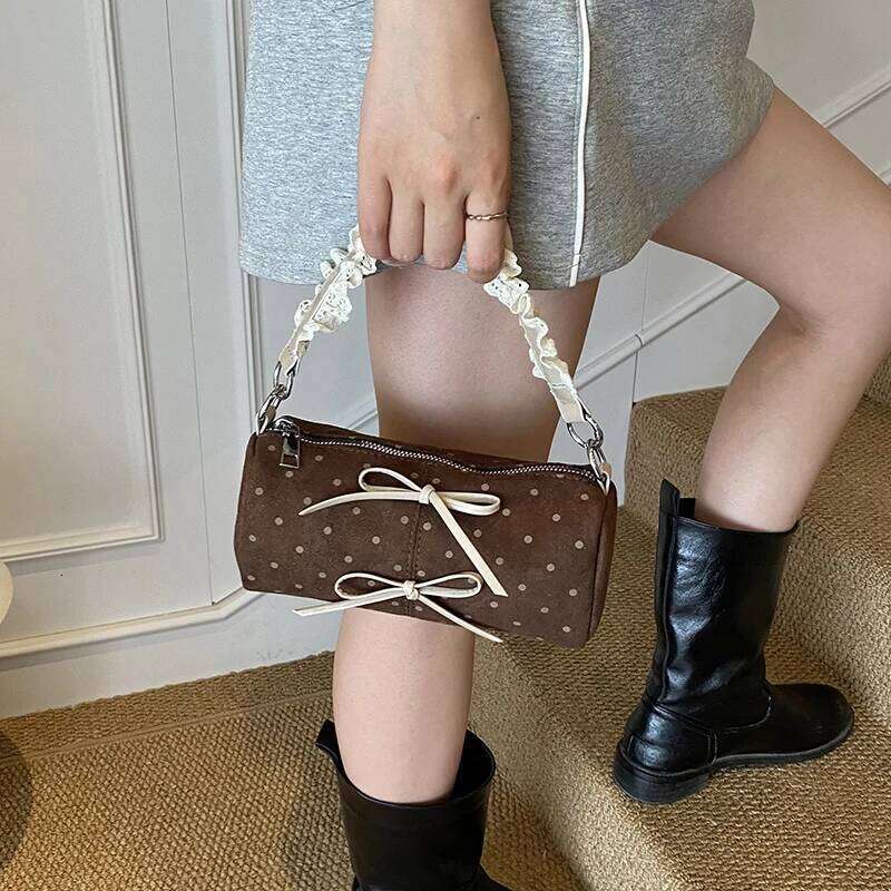Wave Point Matte Handheld Cylinder Bow Decor Design for Women New Autumn Winter Retro Single Shoulder Crossbody Bag XJ260125