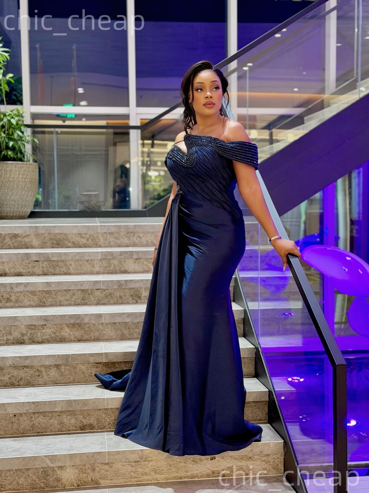 Aso Ebi Navy Blue Mermaid Prom Dresses 2026 Strapless Beaded Taffeta Evening Formal Party Second Birthday Engagement Gowns Dress For Special Occasions