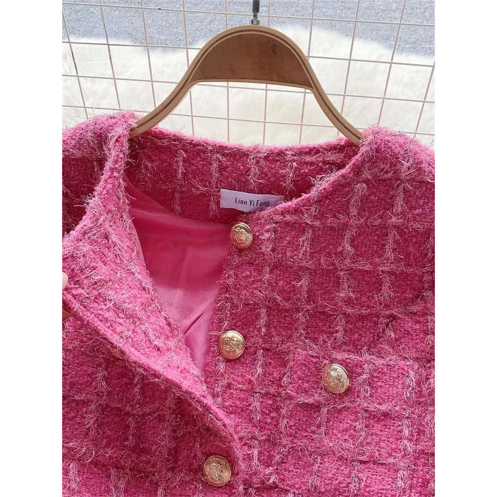 2026 High Quality Checkered Two Piece Women's Gold Button Sleeve Short Jacket Split style Long Skirt Lace Autumn Set