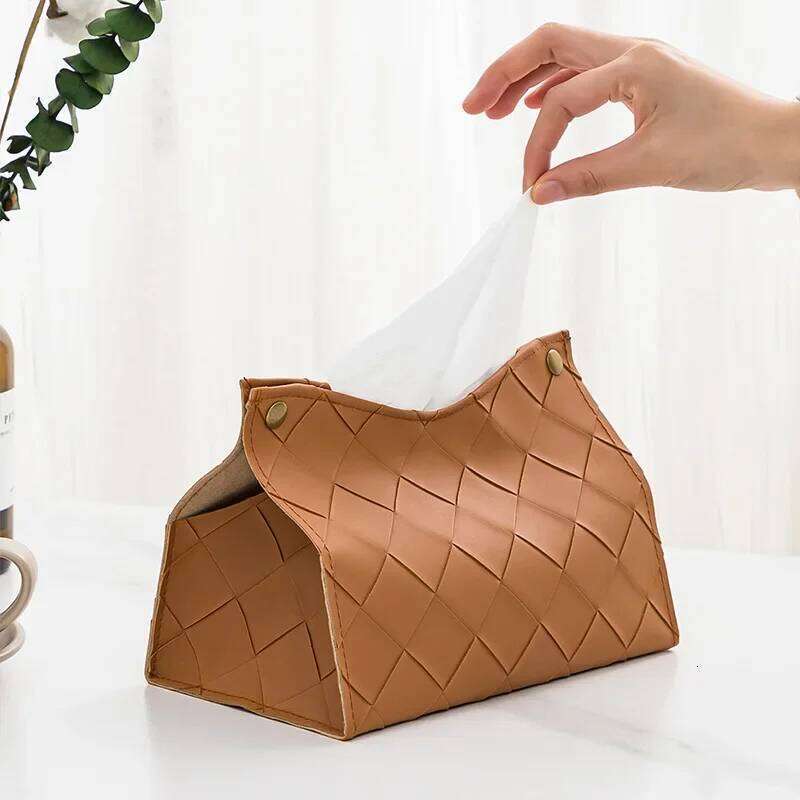 1Pc Nordic Woven Plaid Box PU Leather Napkin Holder Foldable Dustproof Tissue Storage Boxes For Home Hotel Car Office