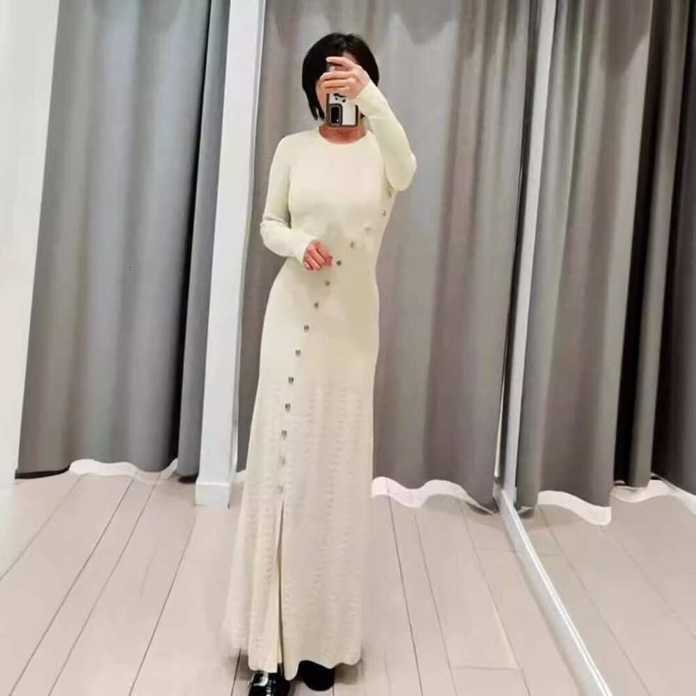 2026 Spring New Solid Color Split Button Decorative Long Sleeve Slim Knitted Women's Dress