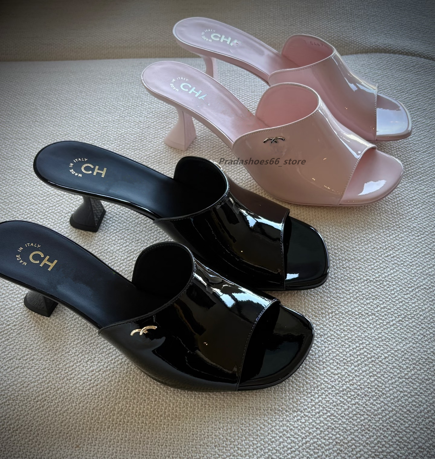 2026 Luxury designer High Heel Slippers Women Open Toe Slingback Sandals Female Pumps Square Toe Summer Simple Patent leather Heeled Slide chan ccsandals pink