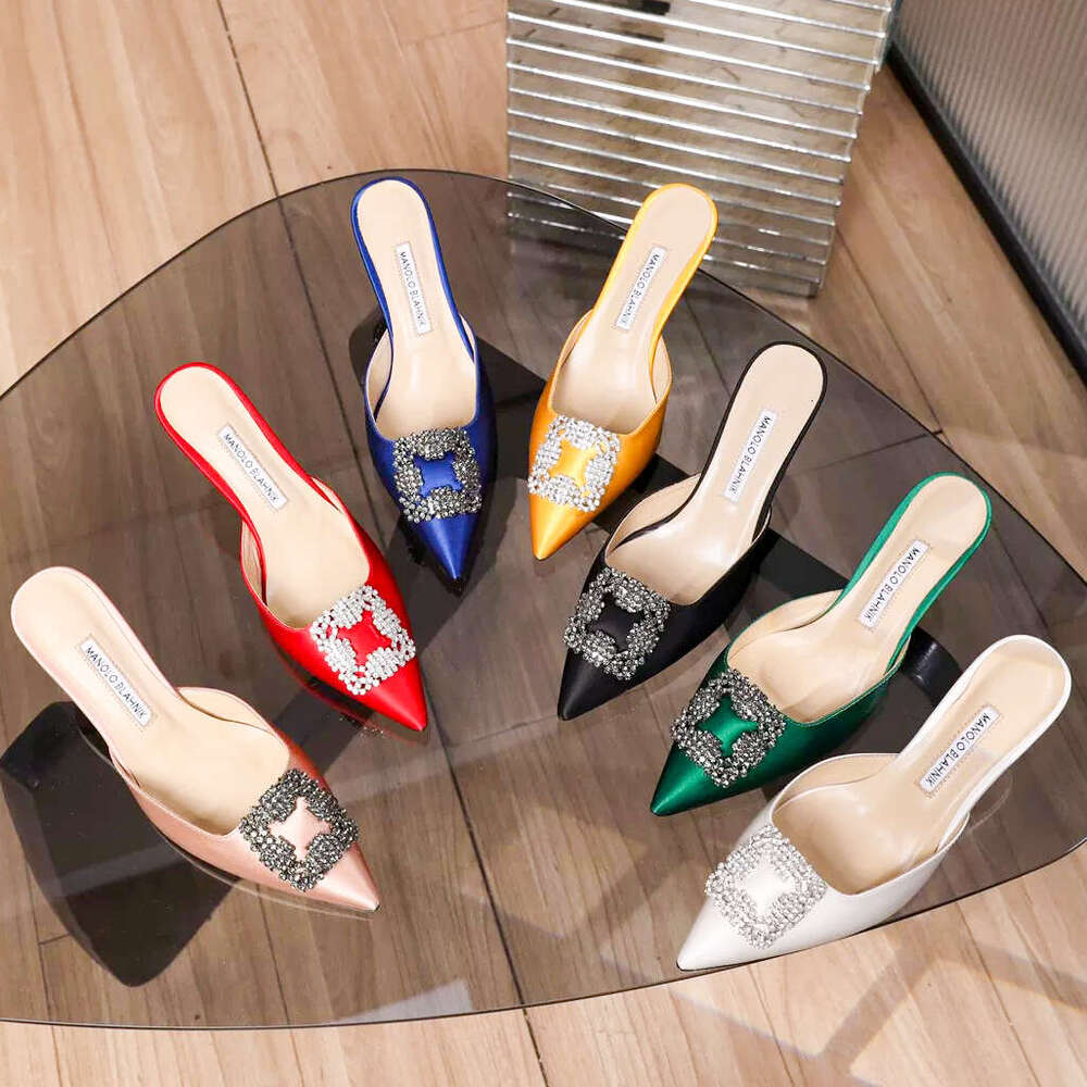 High quality Manolos Blahnikso High heel sandal Designer shoe for Womens luxury rhinestone slingback slide Leather sandale slipper dress lady Ballerina wed shoes