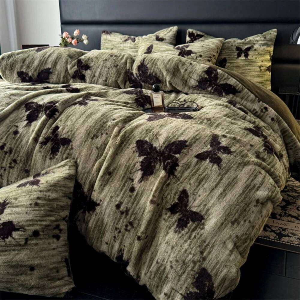 Retro Leopard Printed Rabbit Plush Quilt Cover Pillowcase Bed Sheet Four-Piece Thicken Winter Warm Coral Fleece Bedding Set Y260124