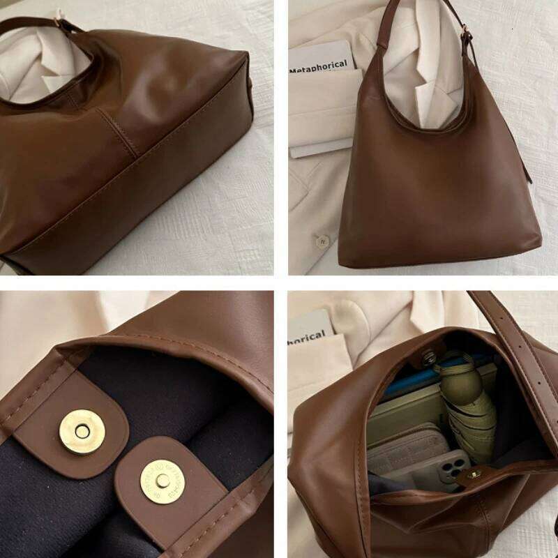 Korean Style Commute Shoulder Retro Large Capacity Pu Leather Tote Solid Color Minority Design Women's Underarm Bag XJ260125